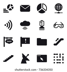 16 vector icon set : diagram, mail, globe connect, wireless, cloud wireless, crystall  memory, smart glasses, shop signboard, escalator, stairs