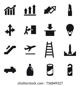 16 vector icon set : diagram, graph up, up down arrow, lipstick, air ballon, escalator, departure, stairs, pickup, cleanser, cleanser powder, please clean