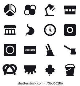 16 vector icon set : diagram, atom core, table lamp, market, watch, ring button, welcome mat, knife holder, turk, udder, maple leaf, foam bucket