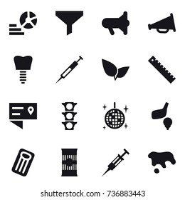 16 vector icon set : diagram, funnel, megafon, loudspeaker, ruler, disco ball, golf, inflatable mattress, syringe, spot