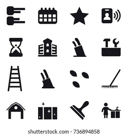 16 vector icon set : diagram, calendar, star, pass card, building, stands for knives, repair tools, stairs, knife holder, seeds, rake, barn, clean  window, scraper, kitchen cleaning