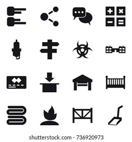 16 vector icon set : diagram, molecule, discussion, calculator, spark plug, singlepost, school, garage, crib, towel, sprouting, farm fence, scoop