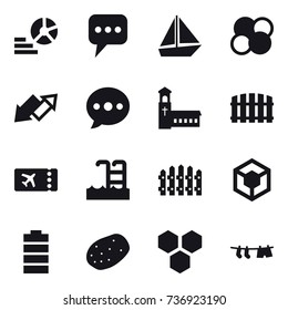 16 vector icon set : diagram, message, boat, atom core, up down arrow, ballon, church, fence, ticket, pool, honeycombs, drying clothe