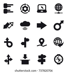 16 vector icon set : diagram, around gear, notebook, globe connect, up down arrow, cloud wireless, right arrow, signpost, compass
