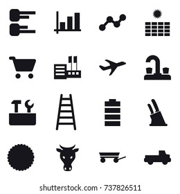 16 vector icon set : diagram, graph, sun power, cart, store, water tap, repair tools, stairs, knife holder, cow, trailer, pickup