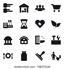 16 vector icon set : diagram, warehouse, group, cart, store, goverment house, house, hotel, repair tools, scraper, toilet cleaning