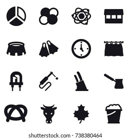 16 vector icon set : diagram, atom core, atom, market, stadium, flippers, watch, curtain, knife holder, turk, cow, maple leaf, foam bucket