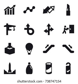16 vector icon set : diagram, graph, up down arrow, lipstick, tower crane, air ballon, escalator, cleanser, cleanser powder, please clean