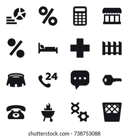 16 vector icon set : diagram, percent, calculator, market, fence, stadium, key, phone, bbq, trash bin