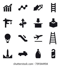 16 vector icon set : diagram, graph, up down arrow, stairs, tower crane, air ballon, escalator, departure, pickup, cleanser, please clean