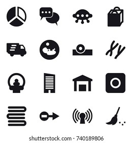 16 vector icon set : diagram, discussion, ufo, shopping bag, delivery, skyscraper, ring button, towels, broom
