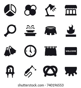 16 vector icon set : diagram, atom core, table lamp, market, magnifier, fountain, stadium, flippers, watch, curtain, welcome mat, udder