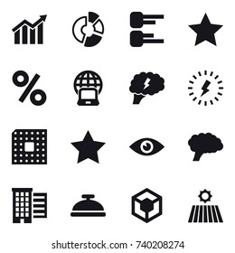 16 vector icon set : diagram, circle diagram, star, percent, notebook globe, brain, lightning, cpu, houses, service bell, field