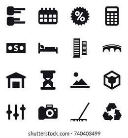 16 vector icon set : diagram, calendar, percent, calculator, money, skyscrapers, bridge, landscape, rake, recycling
