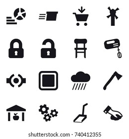 16 vector icon set : diagram, delivery, add to cart, windmill, locked, unlocked, chair, mixer, cutting board, rain cloud, axe, warehouse, gears, scoop, wiping