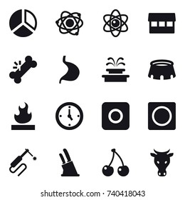 16 vector icon set : diagram, atom, market, fountain, stadium, watch, ring button, knife holder, cherry, cow