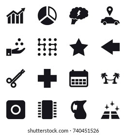 16 vector icon set : diagram, brain, car pointer, chamical industry, chip, star, left arrow, palm hammock, ring button, jug, clean floor