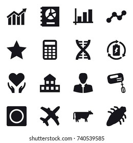 16 vector icon set : diagram, annual report, graph, star, calculator, dna, battery charge, cottage, mixer, ring button, cow, bug