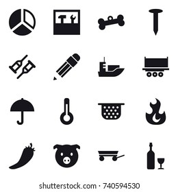 16 vector icon set : diagram, tools, bone, nail, pencil, thermometer, colander, hot pepper, pig, trailer, wine
