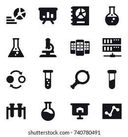 16 vector icon set : diagram, presentation, annual report, round flask, flask, microscope, server, quantum bond, vial, magnifier