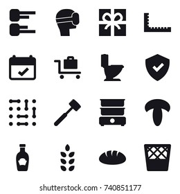 16 vector icon set : diagram, virtual mask, gift, ruler, baggage trolley, toilet, meat hammer, spikelets, bread, trash bin