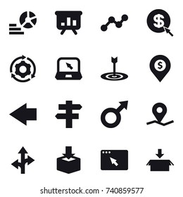 16 vector icon set : diagram, presentation, graph, dollar arrow, around gear, notebook, target, dollar pin, left arrow, singlepost, package