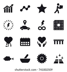 16 vector icon set : diagram, graph, star, courier, lightning, car pointer, infinity power, cpu, cardio chip, bridge, mortar, flower, clean floor