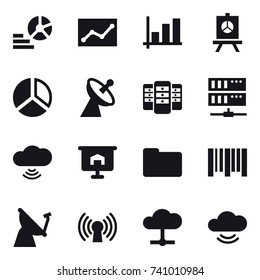16 vector icon set : diagram, statistic, graph, presentation, satellite antenna, server, cloud wireless