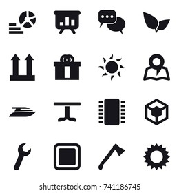 16 vector icon set : diagram, presentation, discussion, sun, map, yacht, table, cutting board, axe