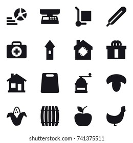 16 vector icon set : diagram, market scales, cargo stoller, tower, smart house, home, cutting board, hand mill, mushroom, corn, barrel, apple, chicken