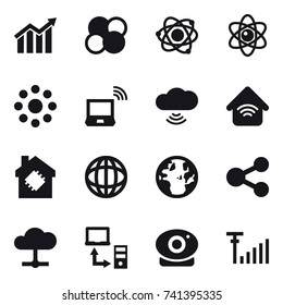 16 vector icon set : diagram, atom core, atom, round around, notebook wireless, cloud wireless, wireless home, smart house