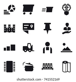 16 vector icon set : diagram, delivery, bulb brain, palace, landscape, steam pan, paper towel