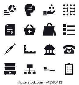 16 vector icon set : diagram, virtual mask, chamical industry, chip, account balance, add to basket, shopping bag, list, ruler, goverment house, phone, hierarchy, tooth brush, clipboard list