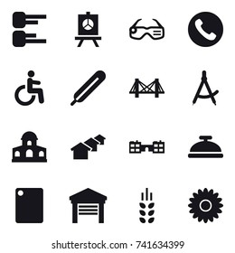 16 vector icon set : diagram, presentation, smart glasses, phone, bridge, draw compass, mansion, houses, school, service bell, cutting board, garage, spikelets, flower