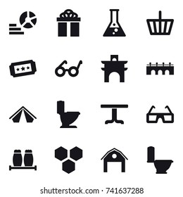 16 vector icon set : diagram, gift, flask, basket, ticket, arch, bridge, tent, toilet, table, honeycombs, barn