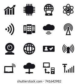 16 vector icon set : diagram, chip, notebook globe, atom, wireless, server, cloud wireless, antenna, web cam, check in