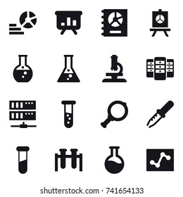16 vector icon set : diagram, presentation, annual report, round flask, flask, microscope, server, vial, magnifier