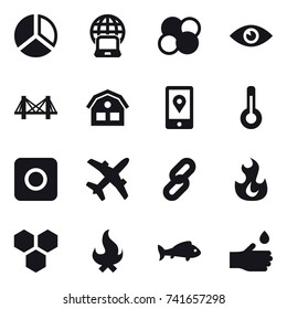 16 vector icon set : diagram, notebook globe, atom core, bridge, house, thermometer, ring button, honeycombs, fire, fish, hand drop