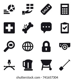 16 vector icon set : diagram, gift, sale, calculator, globe, locked, surveillance camera, kettle, shovel