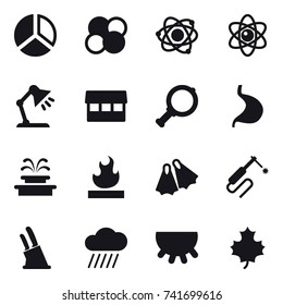 16 vector icon set : diagram, atom core, atom, table lamp, market, magnifier, fountain, flippers, knife holder, rain cloud, udder, maple leaf