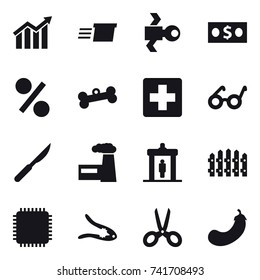 16 vector icon set : diagram, delivery, satellite, money, percent, bone, factory, detector, fence, walnut crack, scissors, eggplant