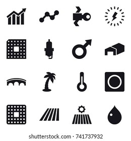 16 vector icon set : diagram, graph, satellite, lightning, cpu, spark plug, warehouse, bridge, palm, thermometer, ring button, field, drop