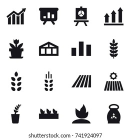 16 vector icon set : diagram, presentation, graph up, flower, greenhouse, spikelets, field, seedling, sprouting, fertilizer