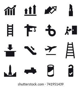 16 vector icon set : diagram, graph up, up down arrow, lipstick, stairs, tower crane, escalator, departure, pickup, cleanser powder, please clean