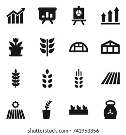 16 vector icon set : diagram, presentation, graph up, flower, greenhouse, spikelets, field, seedling, fertilizer