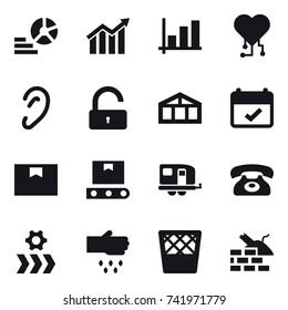 16 vector icon set : diagram, graph, cardio chip, unlock, greenhouse, trailer, phone, sow, trash bin, construct garbage