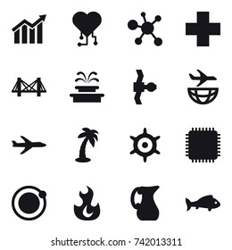 16 vector icon set : diagram, cardio chip, bridge, fountain, plane, palm, handwheel, jug, fish