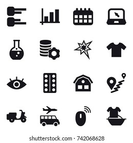 16 vector icon set : diagram, graph, calendar, notebook, round flask, virtual mining, bang, t-shirt, house, transfer, handle washing