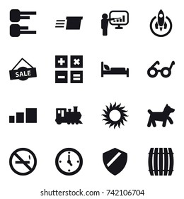 16 vector icon set : diagram, delivery, presentation, rocket, sale, calculator, train, sun, dog, no smoking, watch, barrel