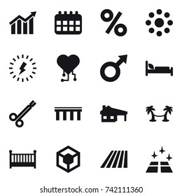 16 vector icon set : diagram, calendar, percent, round around, lightning, cardio chip, bridge, house with garage, palm hammock, crib, field, clean floor